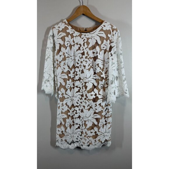 DRESS THE POPULATION Size L White Ivory Sequin Lace Mini Dress Formal - Picture 2 of 13